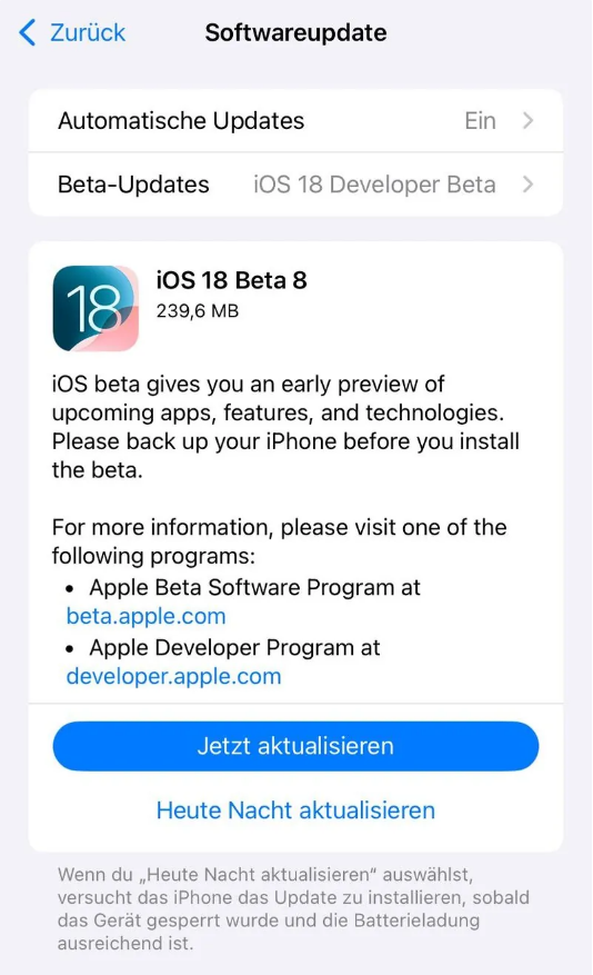 裕民苹果手机维修分享苹果 iOS / iPadOS 18 开发者预览版 Beta 8 发布 